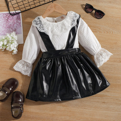 2Pcs Set Lace Blouse PU Leather Skirt 18M-6yrs Baby Toddler Girl Clothes - Coco Potato - dresses and partywear for little girls