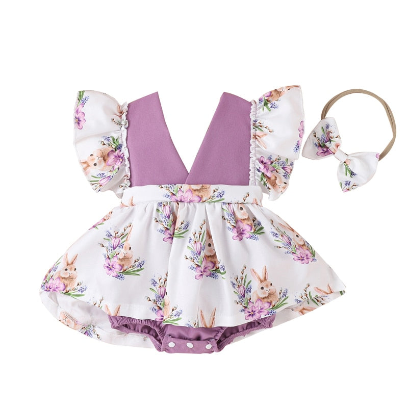 Flower Prints 0-24M Romper Dress W/Headband - Coco Potato - dresses and partywear for little girls