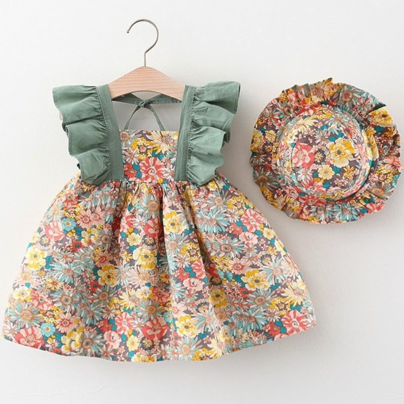 Floral Fly Sleeve 6M-4yrs Dress W/Hat - Coco Potato - dresses and partywear for little girls