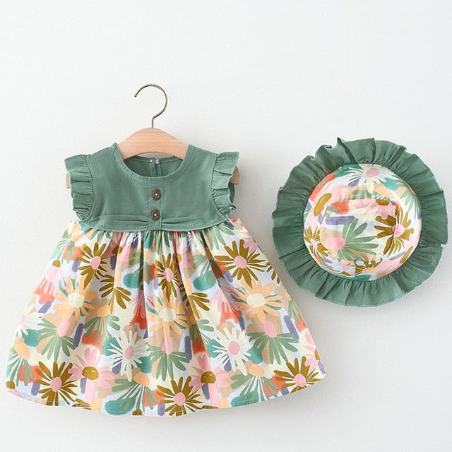 Floral Buttons 6M-4yrs Dress W/Hat - Coco Potato - dresses and partywear for little girls