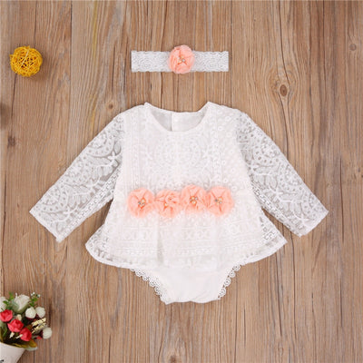 Lace Flower 6-24M Romper W/Headband - Coco Potato - dresses and partywear for little girls
